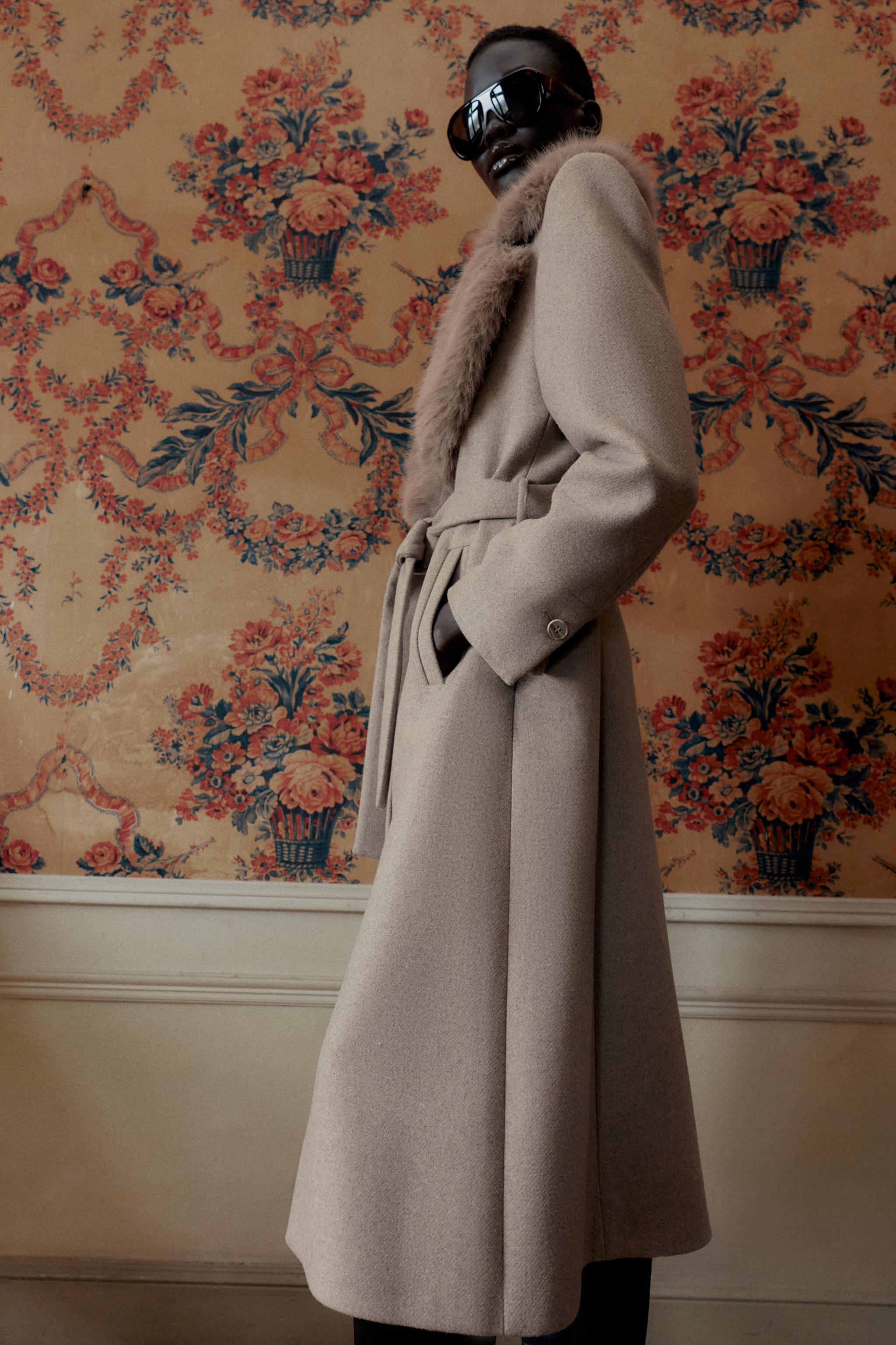 WOOL COAT WITH FAUX FUR LAPEL AND BELT